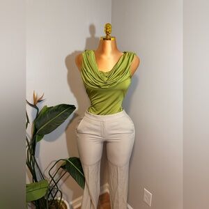 Carmen Marc Valvo Lime Green Draped Top with Cream Wide-Leg Pants
